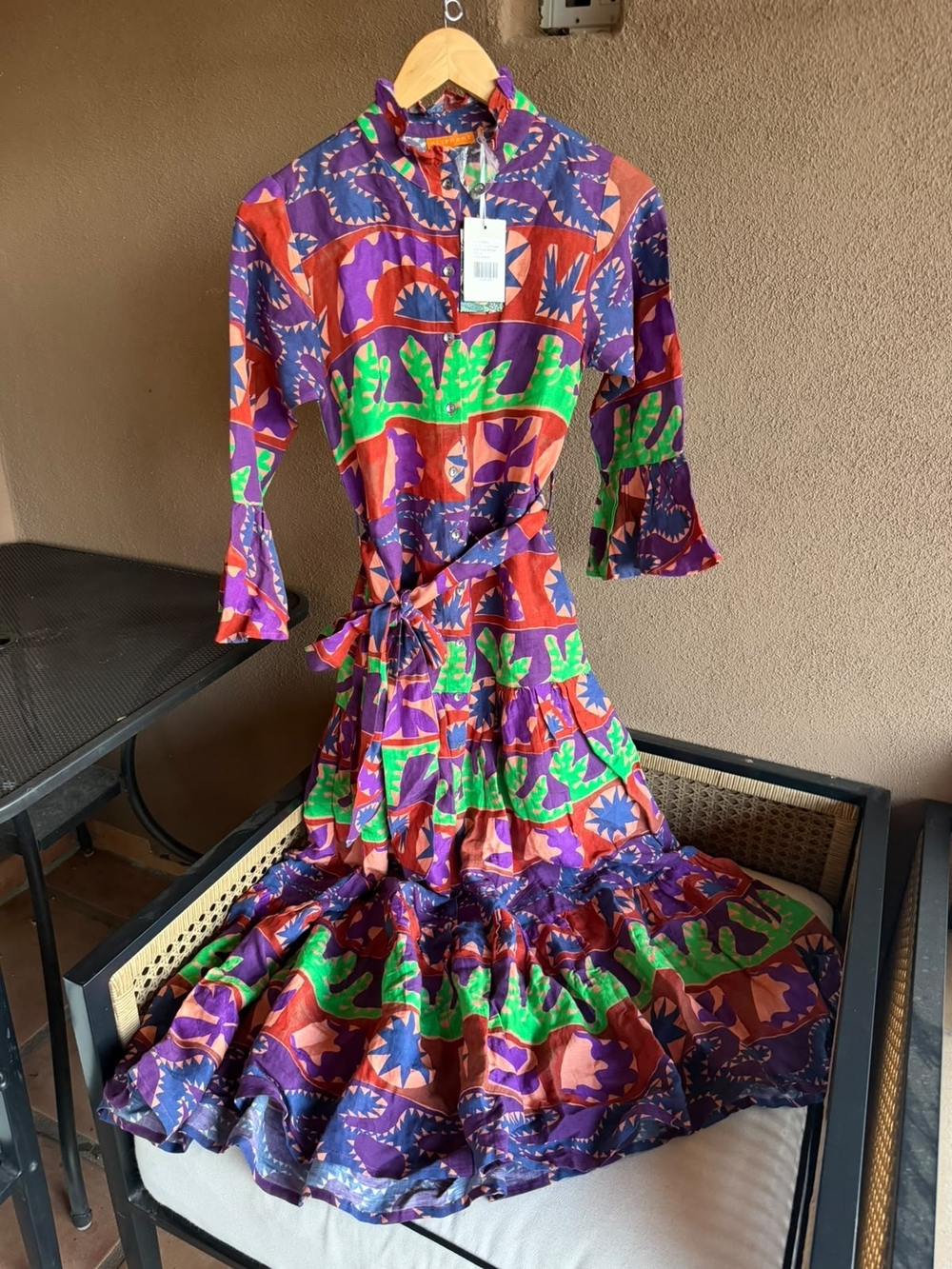 NWT Oliphant Ruffle Collar Bell Maxi Dress in Purple, Green & Coral